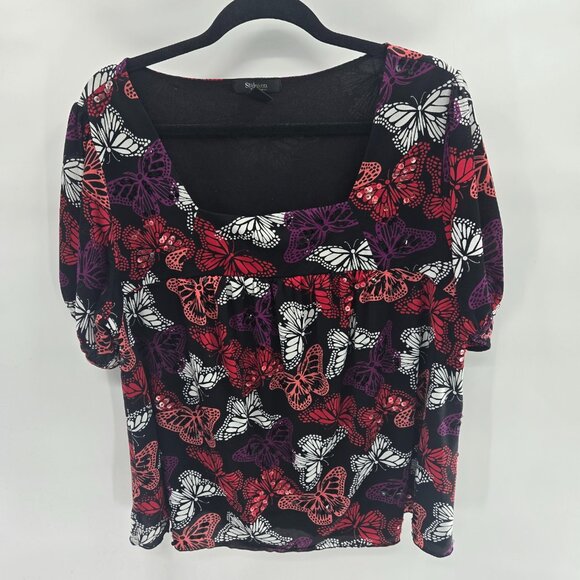 Style and Co Black Butterfly Nylon Square Neck Beaded Blouse Size 2x - Picture 1 of 6